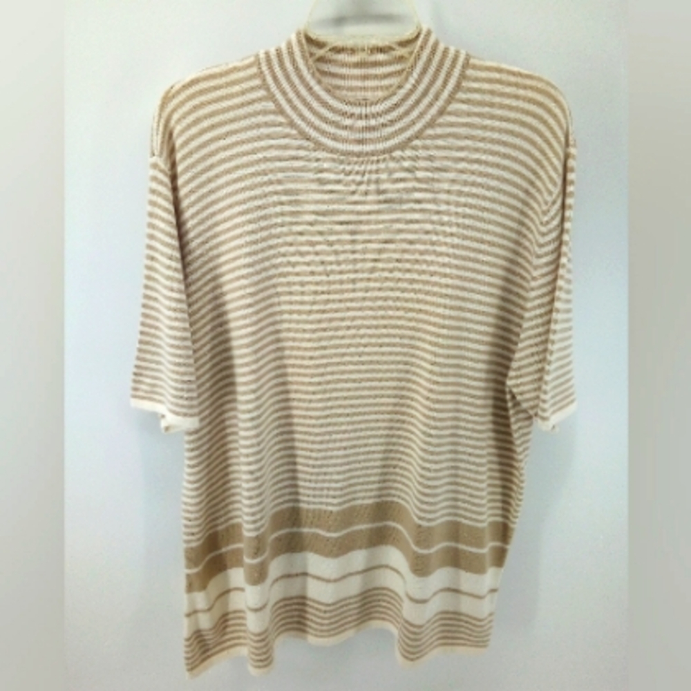Vintage Worthington Cotton Blend Tan Cream Striped Stripes Career Top 1X Plus